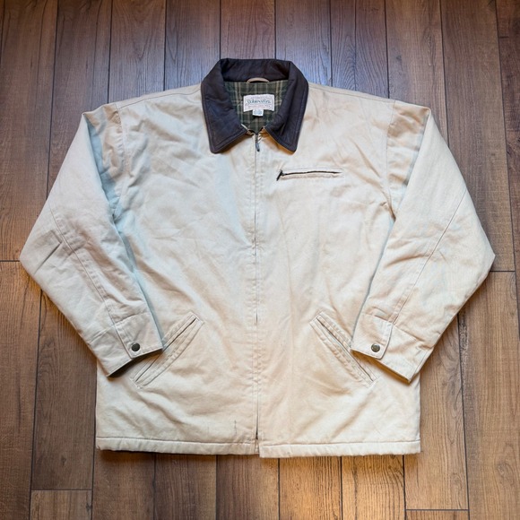 St. John's Bay Other - Vintage St Johns Bay Canvas Work Jacket Mens XL Tan Leather Collar Quilted Plaid